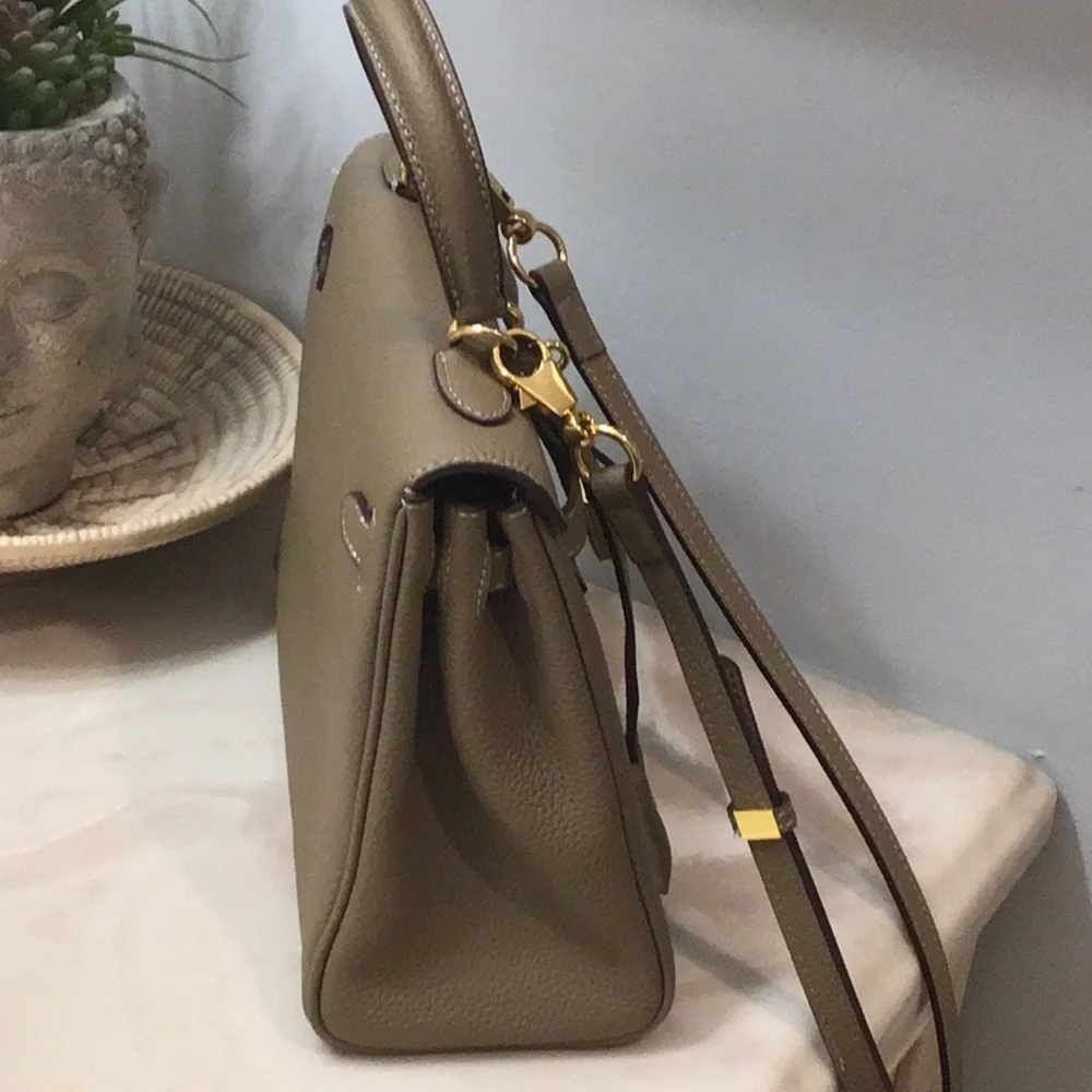 New Elegant Taupe Designer Inspired Satchel Bag with crossbody strap. - Picture 4 of 12